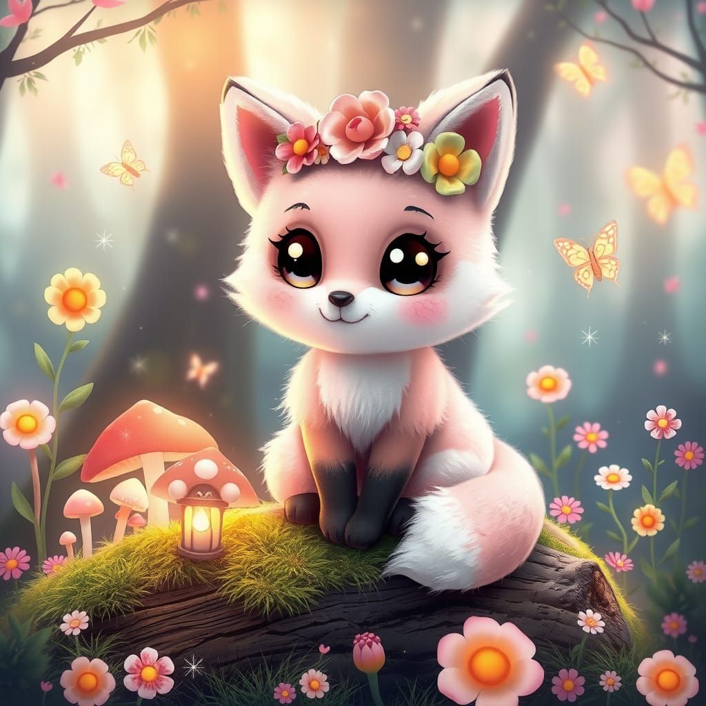 Kawaii Fluffy Fox in Magical Forest with Pastel Colors