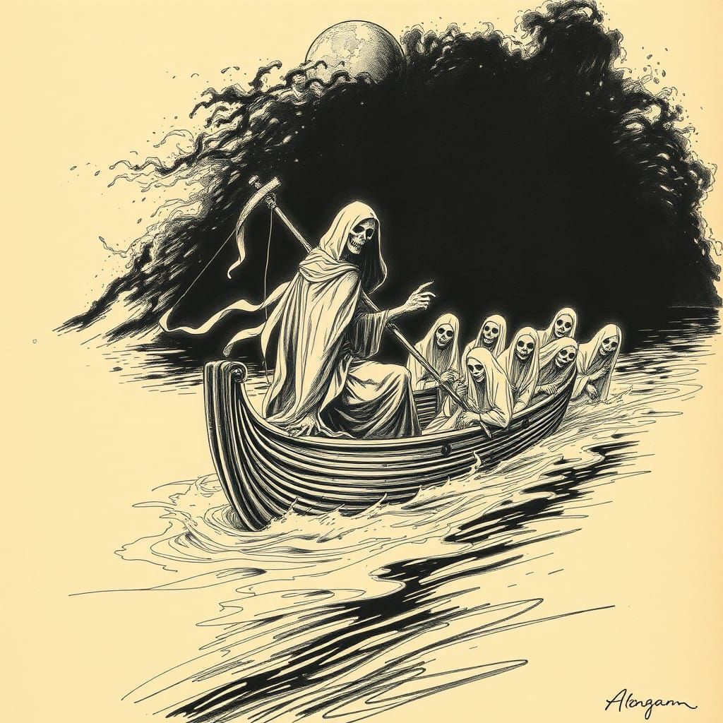Grim Reaper's Voyage: Gothic Sepia Ink Drawing