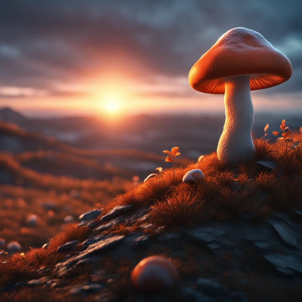 Orange Mushroom in Frozen Sunset Landscape