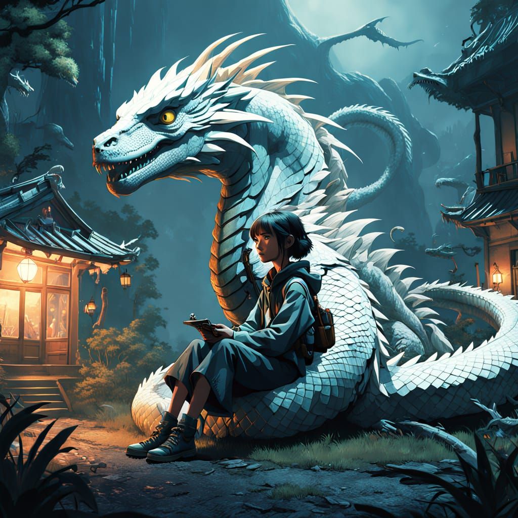 Whimsical Fantasy Woman Surrounded by a Majestic White Drago...