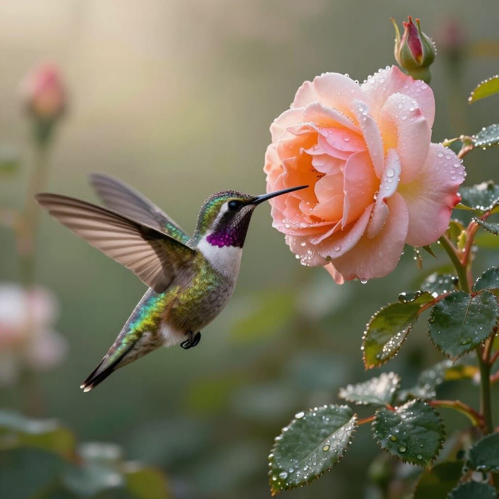 Hummingbird Sips Nectar from Giant Rose in Overgrown Garden