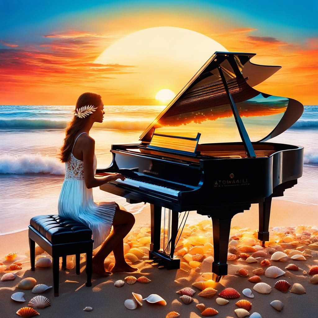 Sunset and Piano Double Exposure in Watercolor