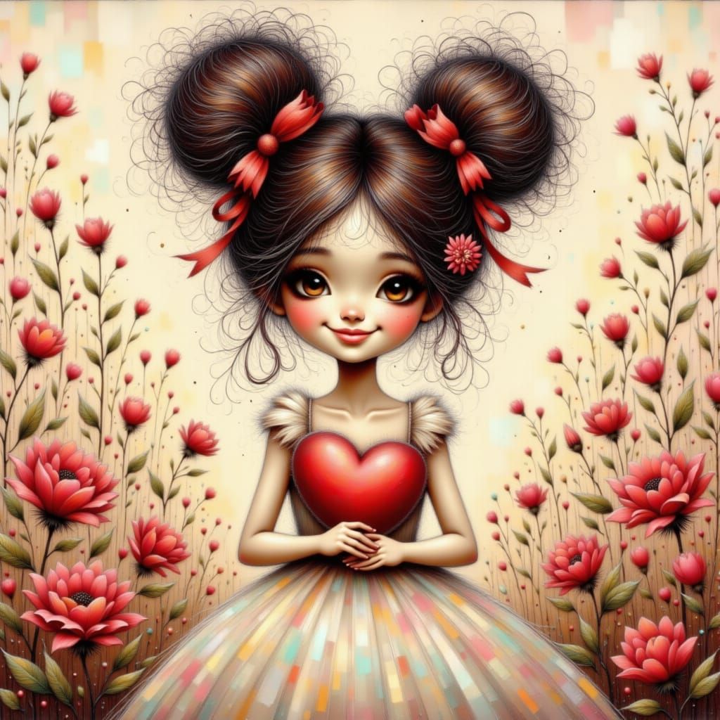 Whimsical Girl with Red Heart and Roses Illustration