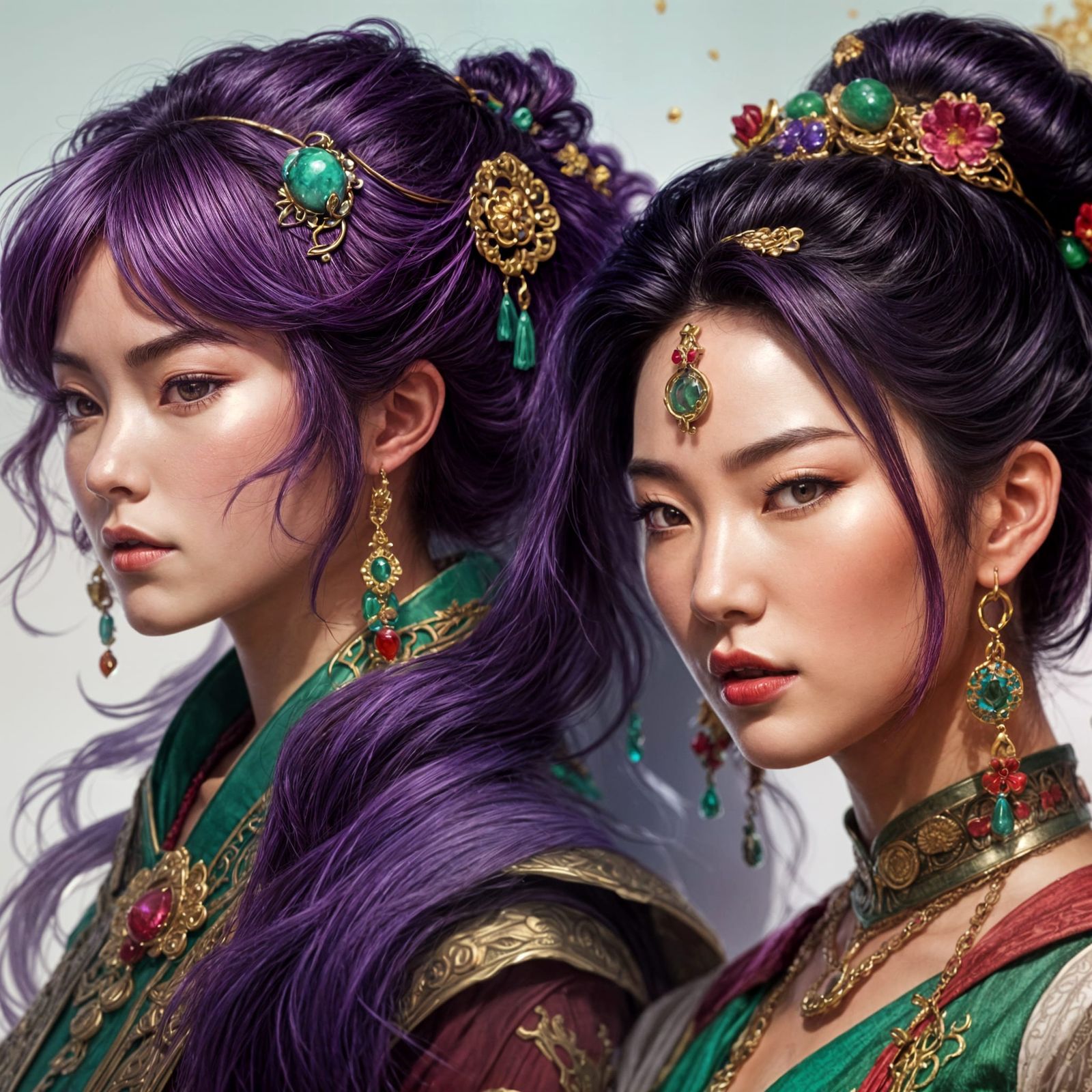 Hyperrealistic Portrait of Purple-Haired Woman with Jade