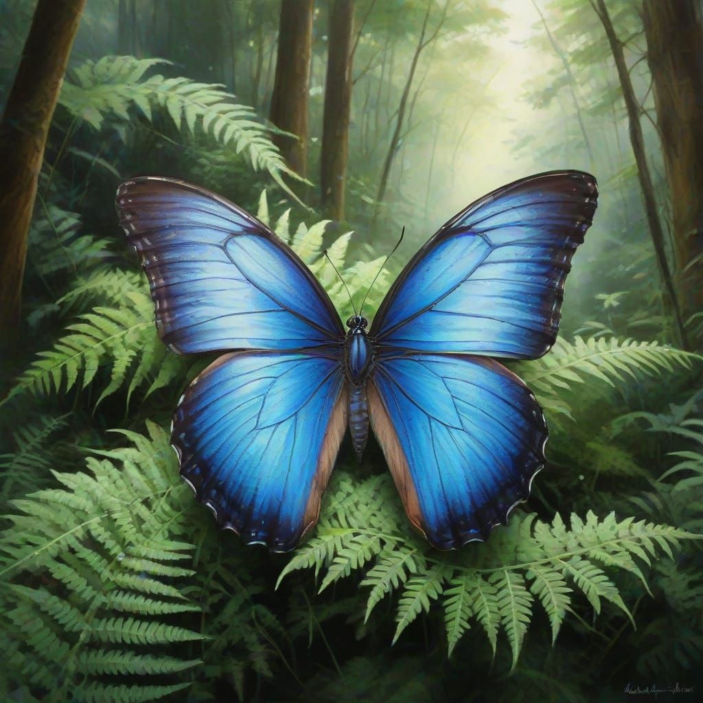 Blue Morpho Butterfly Rests on Fern in Lush Forest
