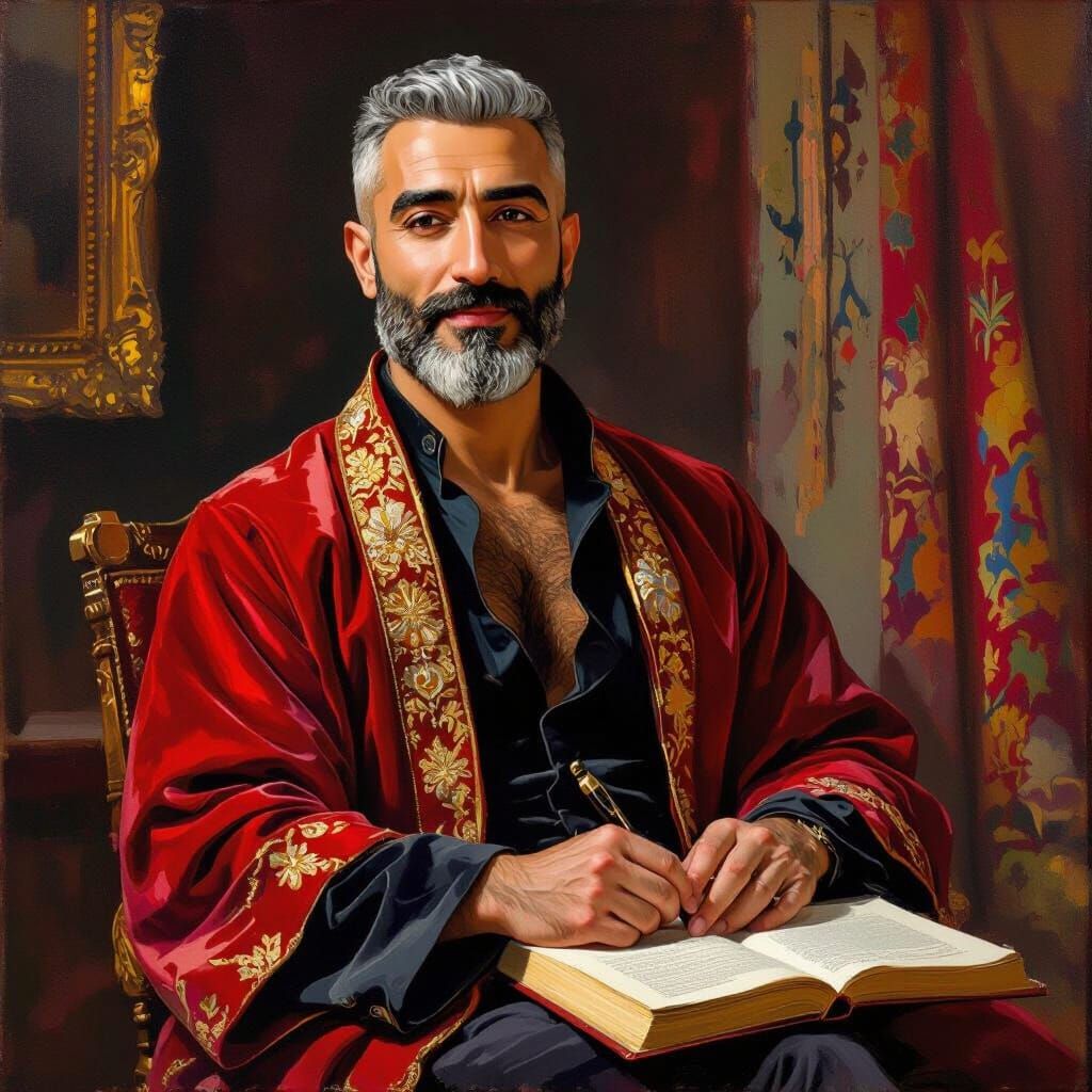 Proud Turkish Man in Velvet Robe, Neo-Impressionist Style