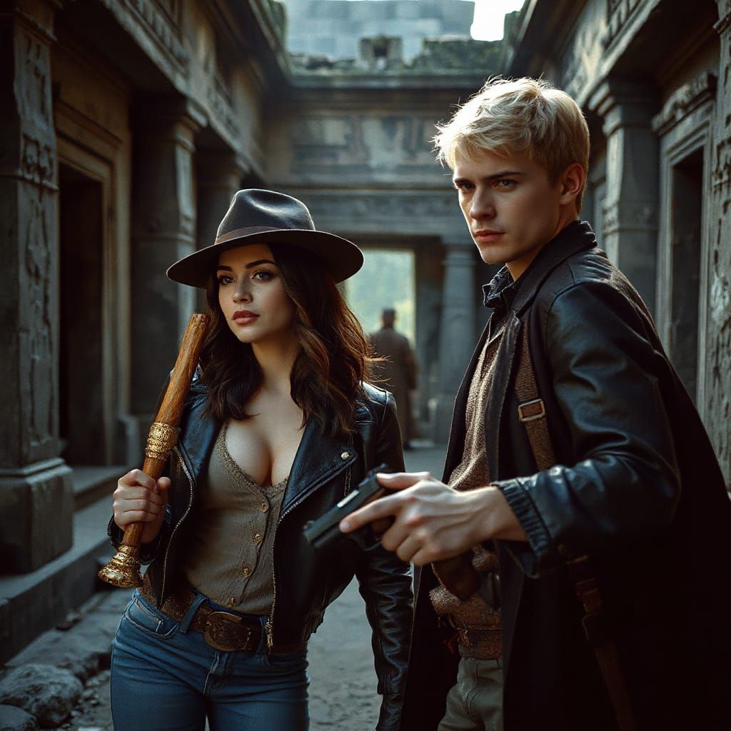 Temple Explorers in Cinematic 35mm Film Aesthetic