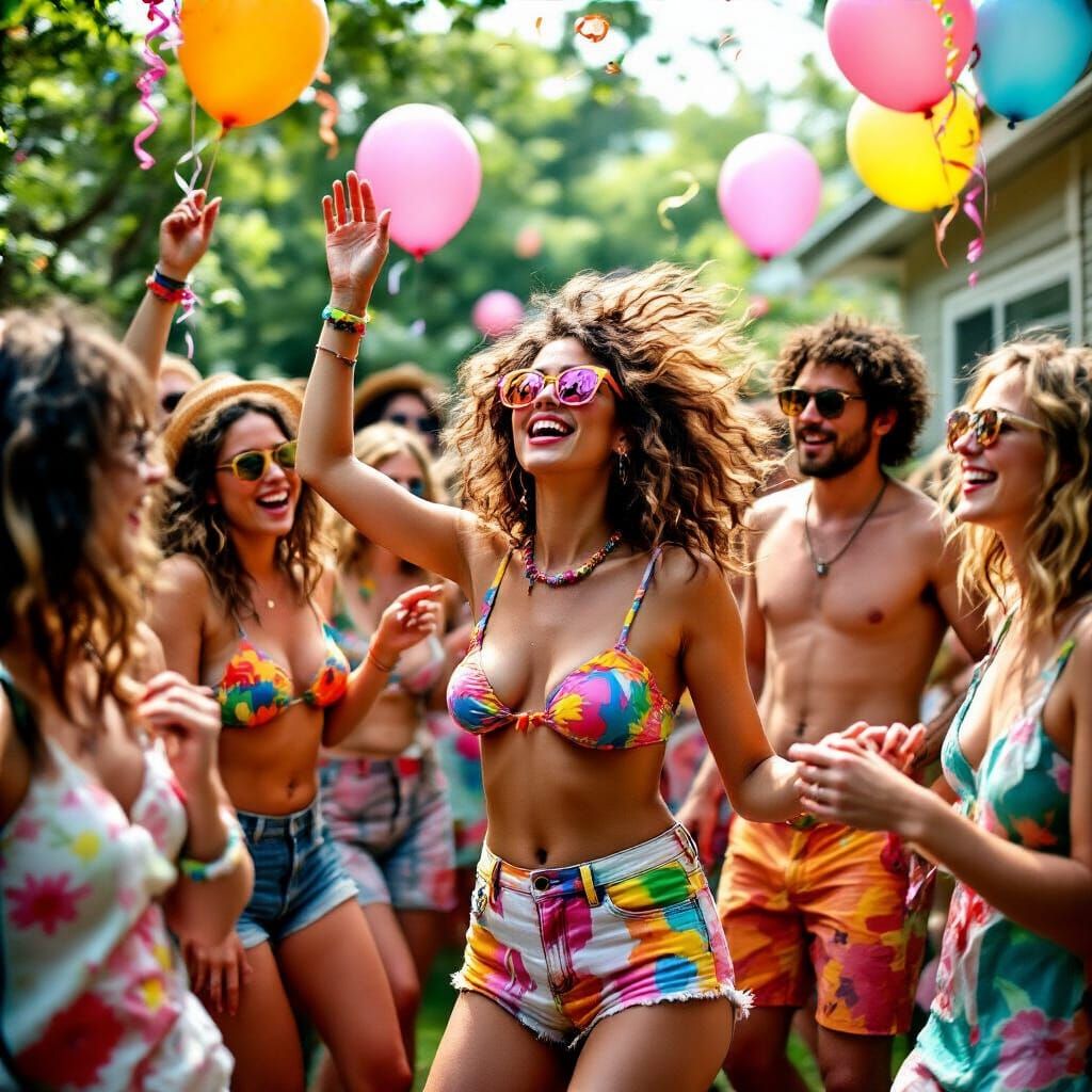 Friends Dancing at Summer Cookout in Whimsical Style