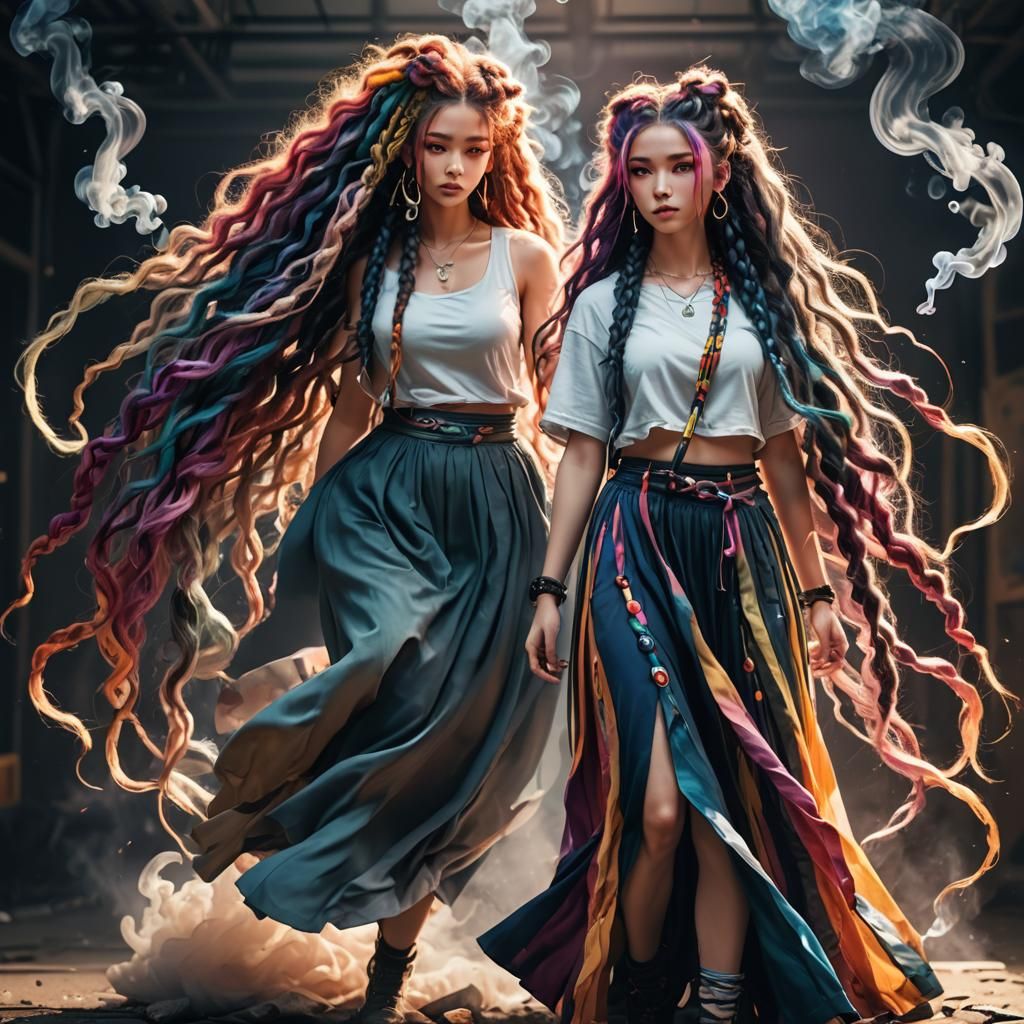 Girl with Wild Multicolored Braids in Soft Light