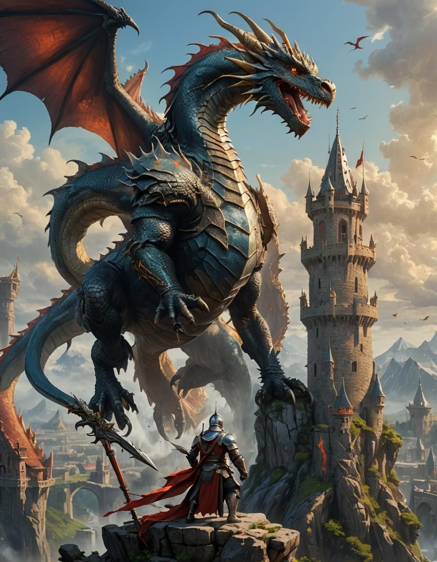 Hyperrealistic Dragon Tower Duel: Splash Art Knight