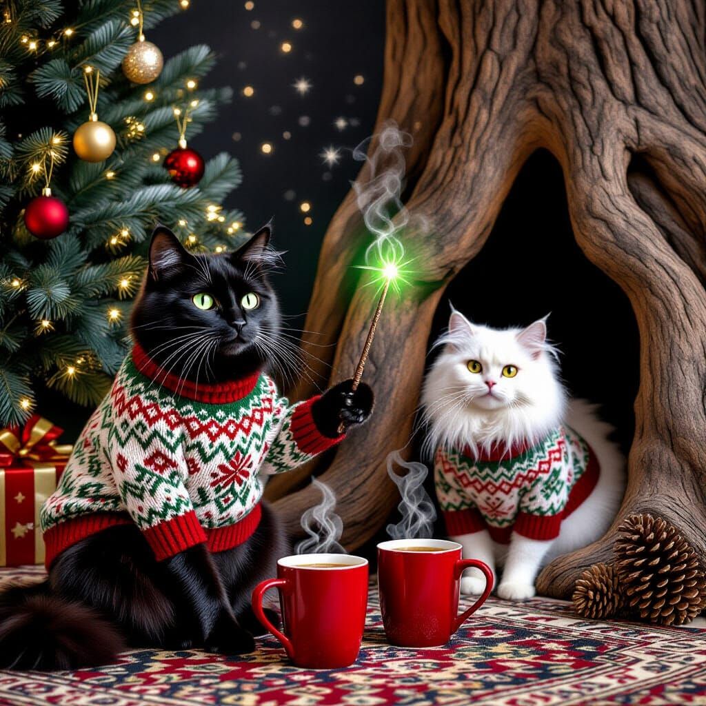 Enchanting Cats Perform Winter Magic in Snowy Forest