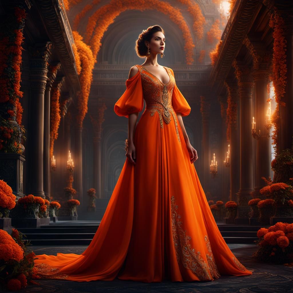 Lady in Orange Dress: Detailed Fantasy Art