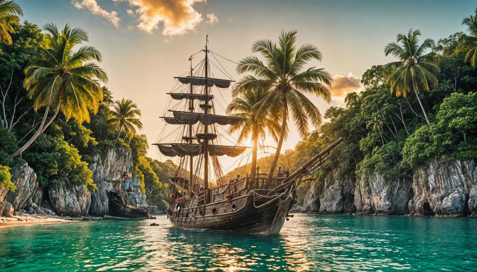 Tropical Island Cove Pirate Ship in Golden Light