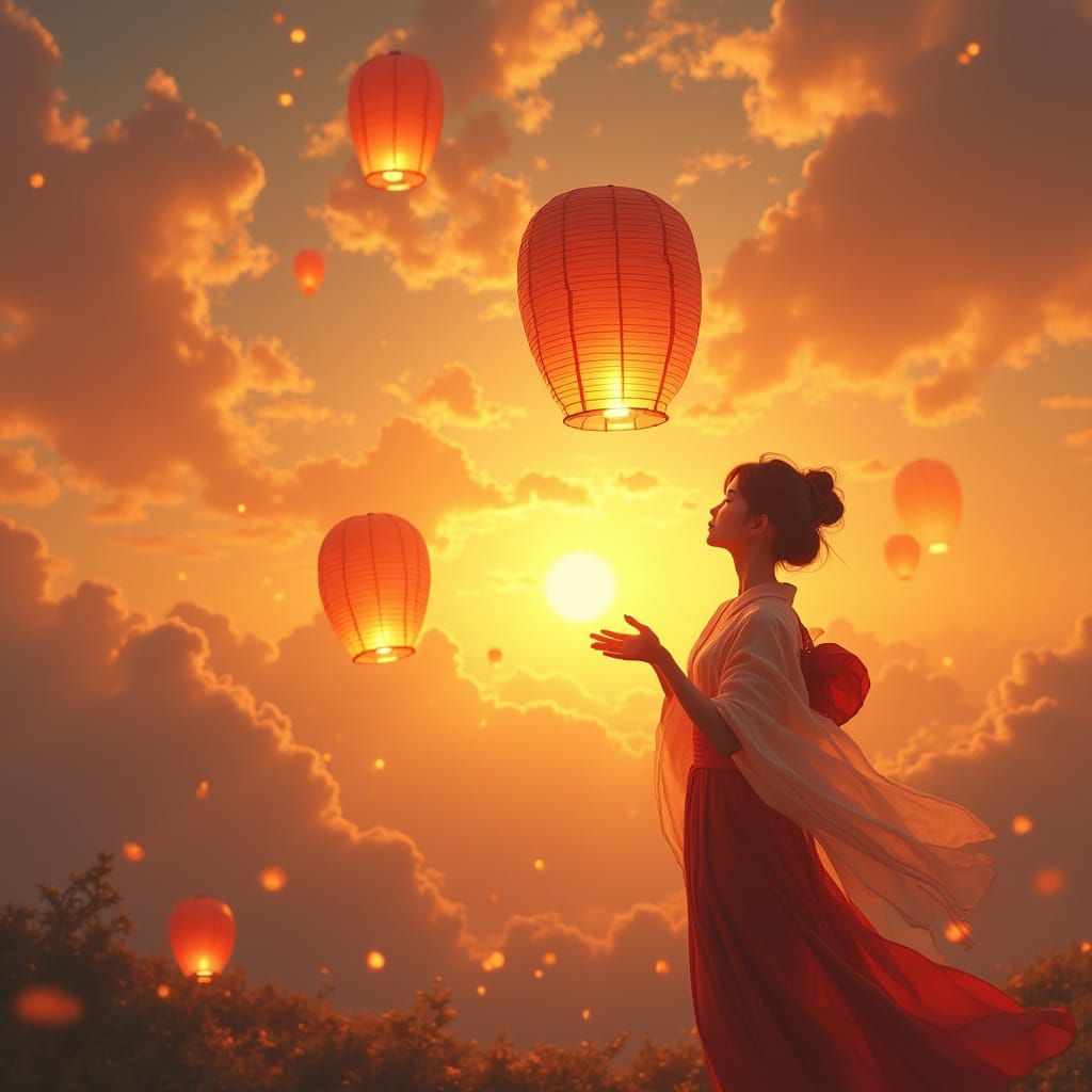 Golden Lanterns Released Into Sunset Sky