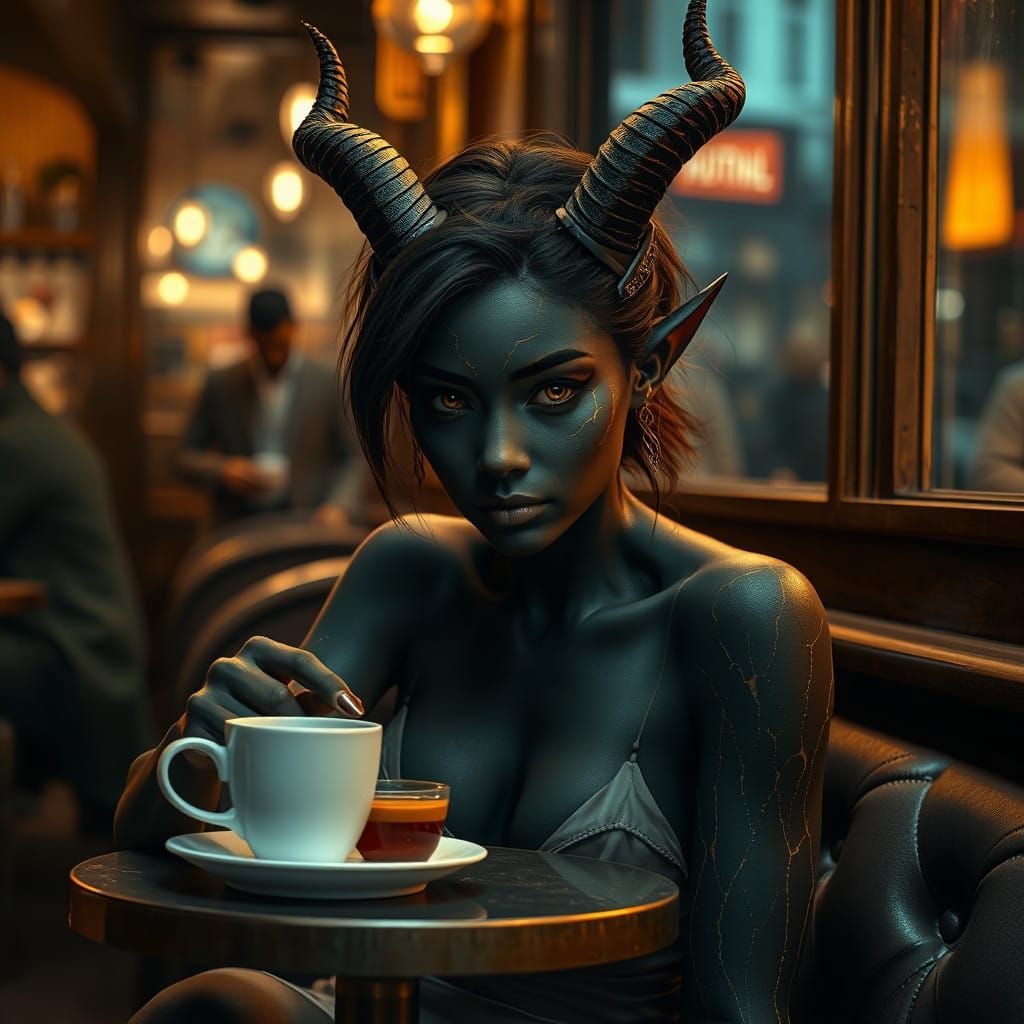 Ethereal Demoness Sips Tea in City Café