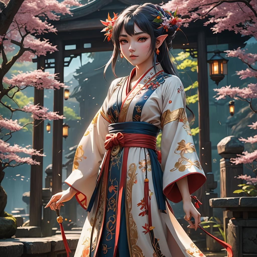 Anime Elf Girl in Japanese Gown: Detailed Art