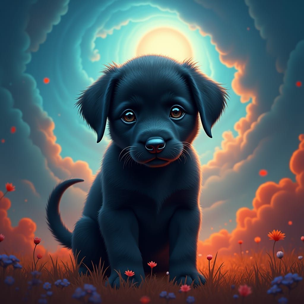 Black Puppy in a Mystical Fantasy Realm