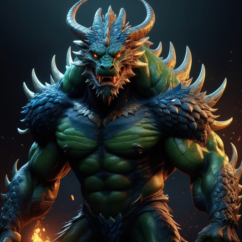 Epic Fantasy Warrior with Dragon's Head and Iridescent Scale...