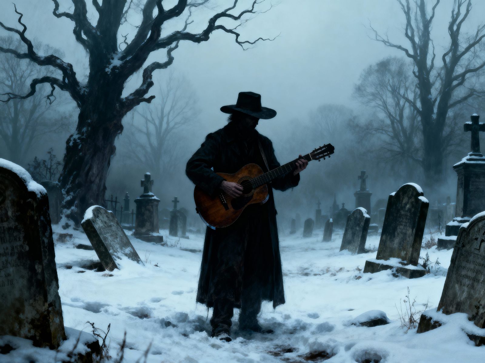 Shadowy Figure Plays Guitar in Foggy Winter Cemetery