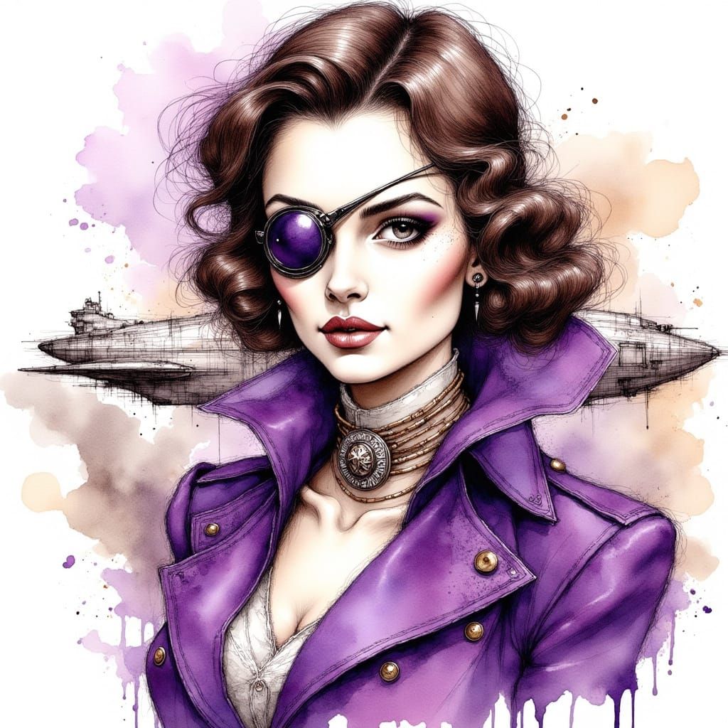 Brunette in Purple Airforce Uniform Line Art