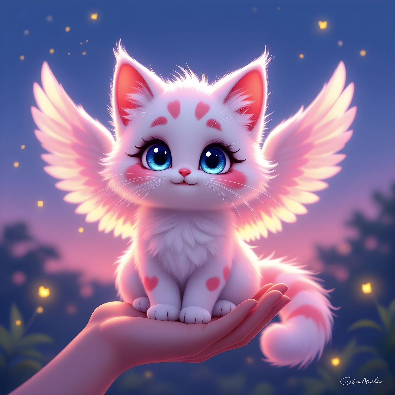 Pink Winged Cat in Anime Style