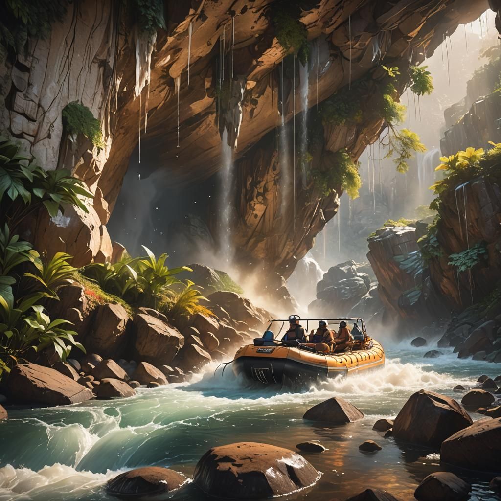 Lush Mountain Cave with Water Raft: Splash Art