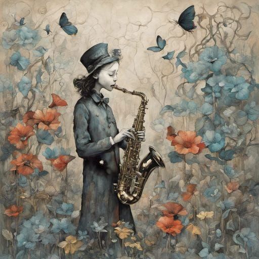 Saxophone Player in a Gothic Garden Dreamscape