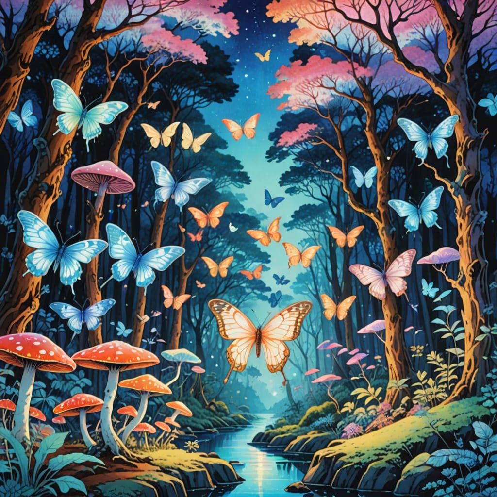 Dreamlike Watercolor Fantasy of Bioluminescent Butterflies i...