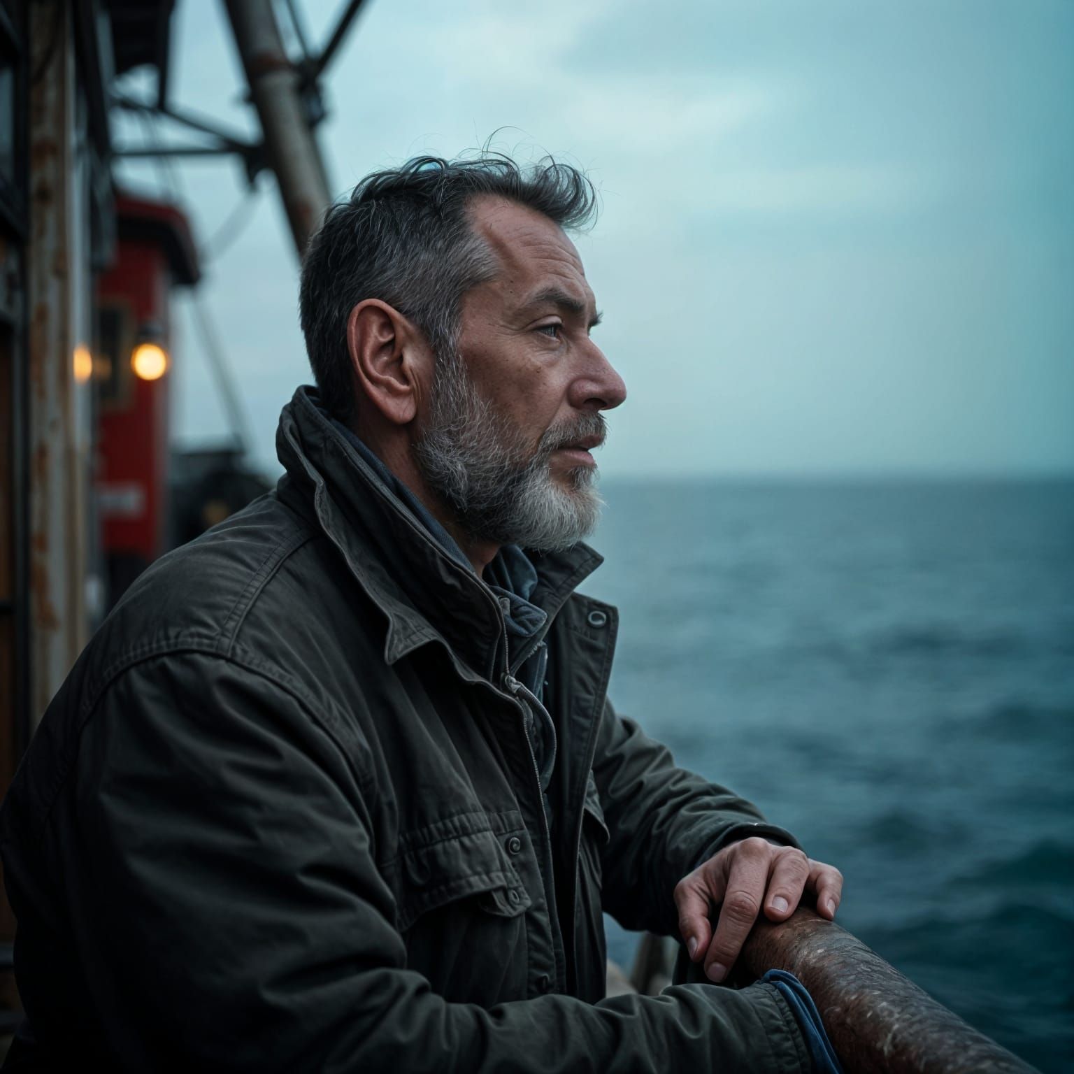 Weathered Fisherman Contemplates Stormy Seas