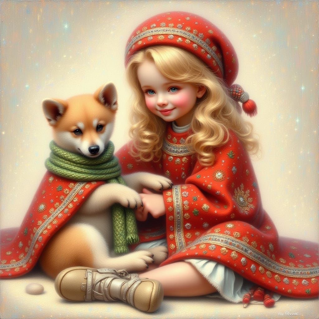 Blonde Girl in Red Coat, Impressionist Style