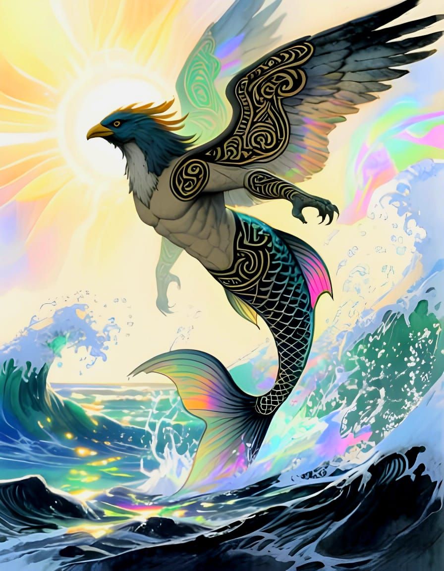 Manaia Creature of Maori Mythology in Epic Watercolor Painti...