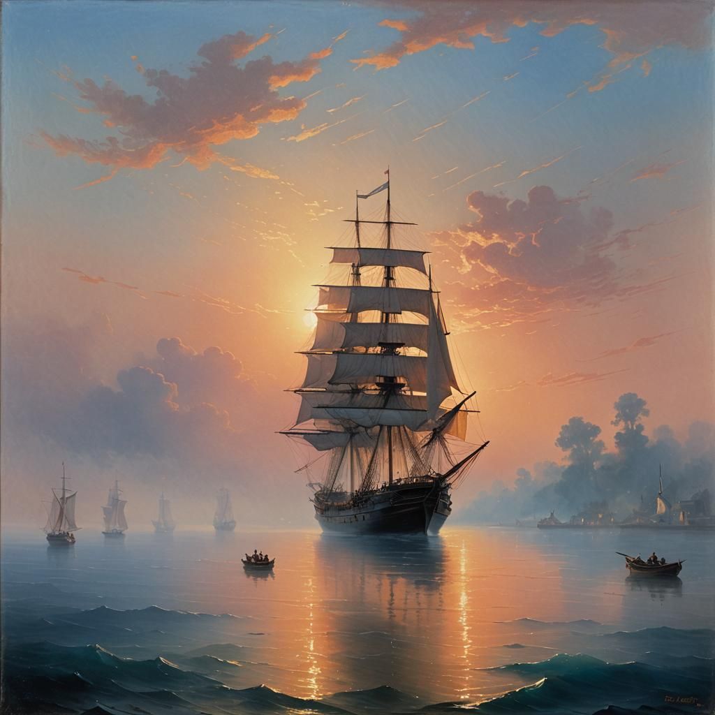 Sunrise Ship: Aivazovsky-Inspired Marine Painting