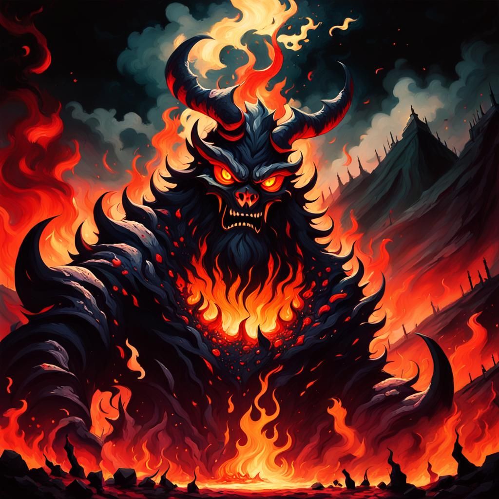 Fiery Hell God in Surreal Oil Painting