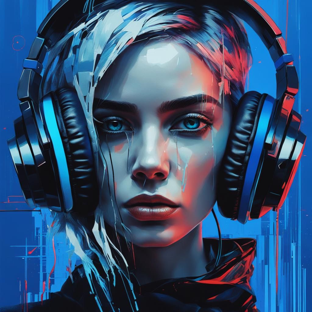 Cyberpunk Woman Portrait with Headphones and Soundwaves