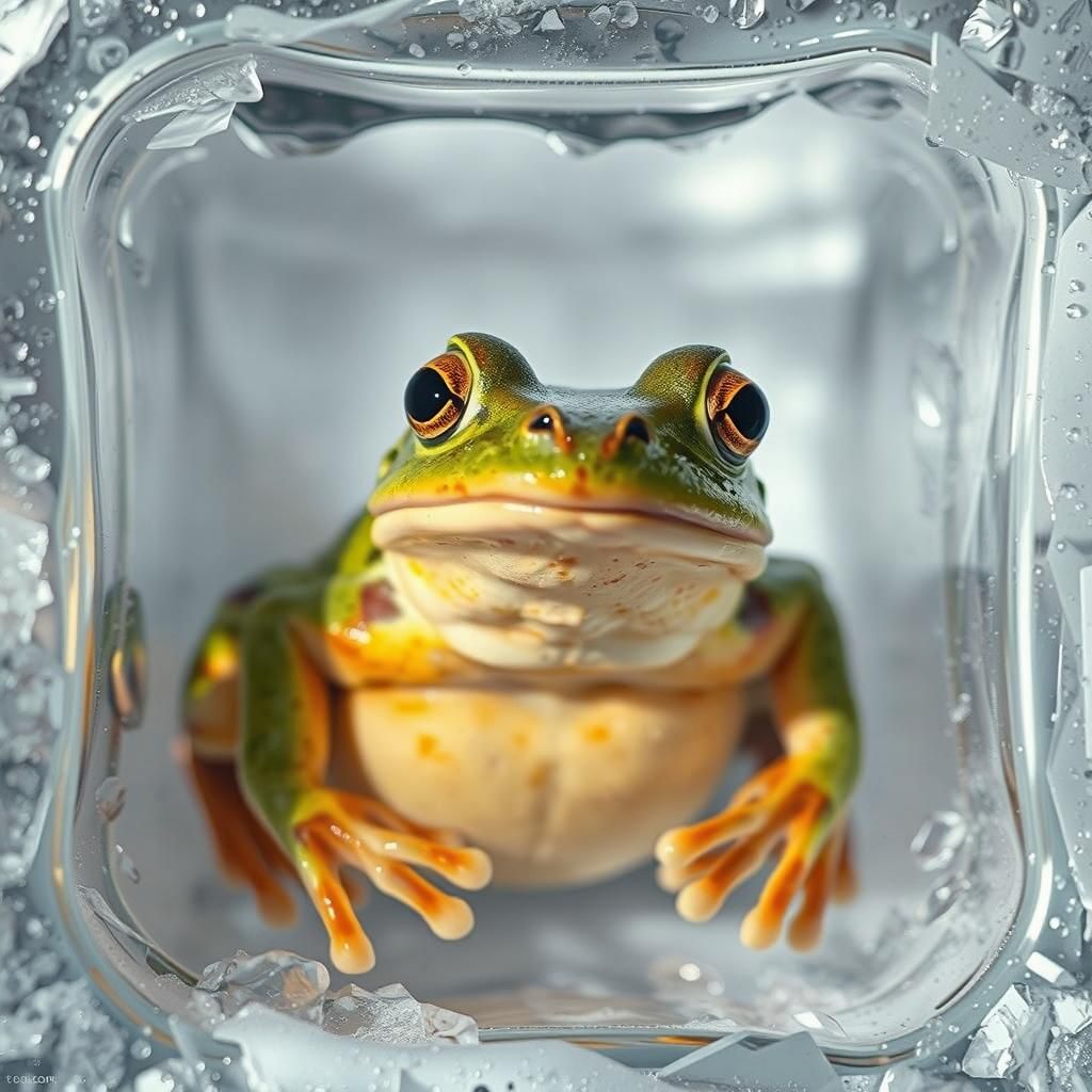 Surreal Frog in Ice Cube with Aluminum Texture