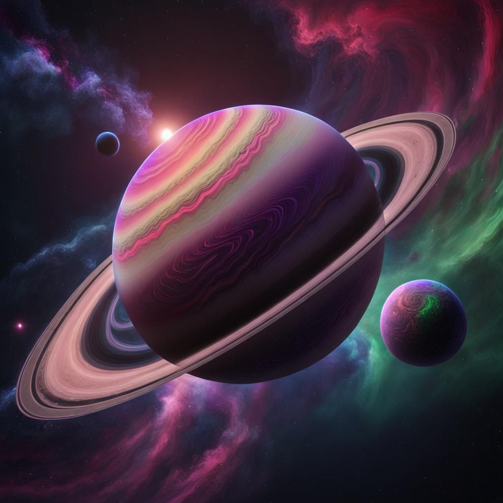 Colorful Planets Swirling Around Black Saturn