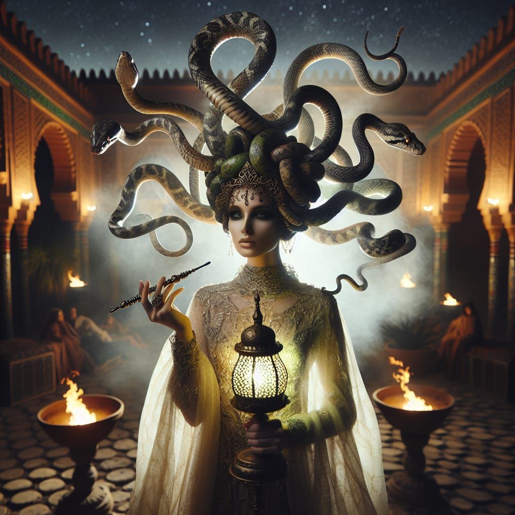 Mythical Gorgon Enjoys Hookah in Moroccan Nighttime Courtyar...