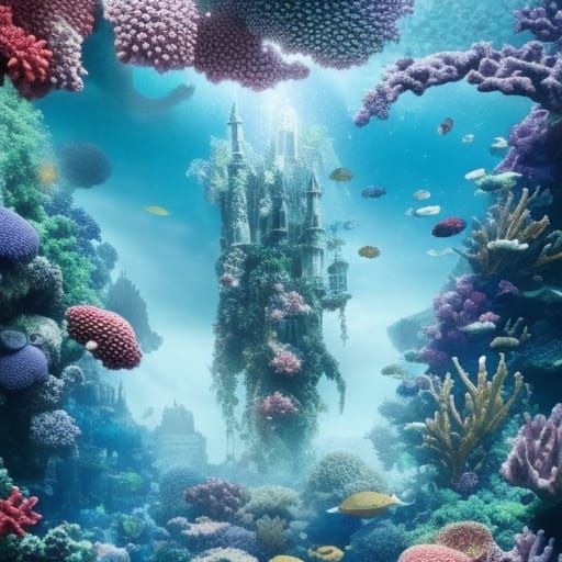 Underwater Palace Window in Blue, Digital Painting