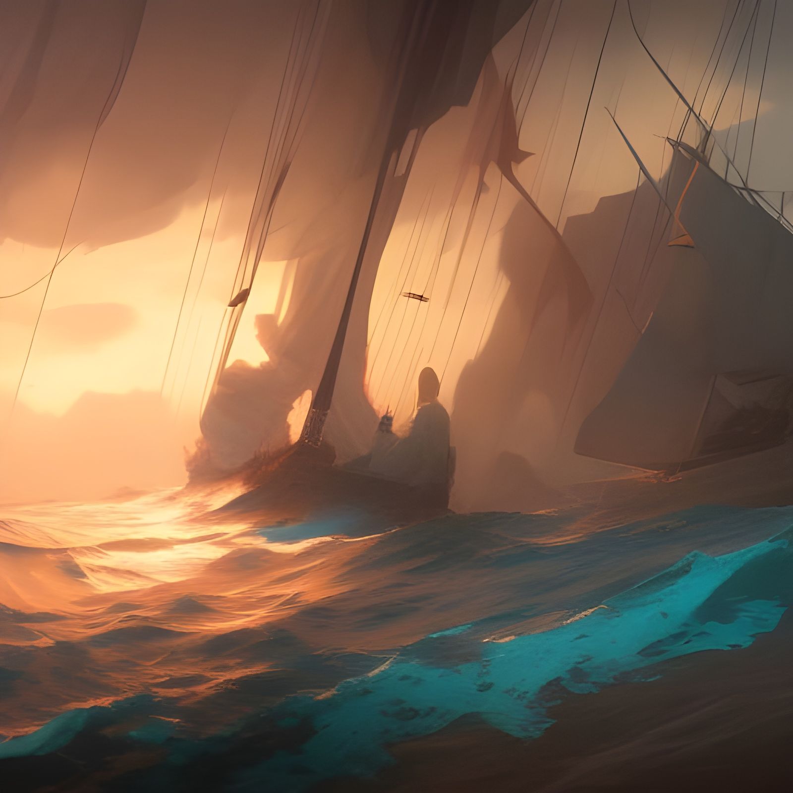 Sailing Ship Concept Art in Orange and Teal