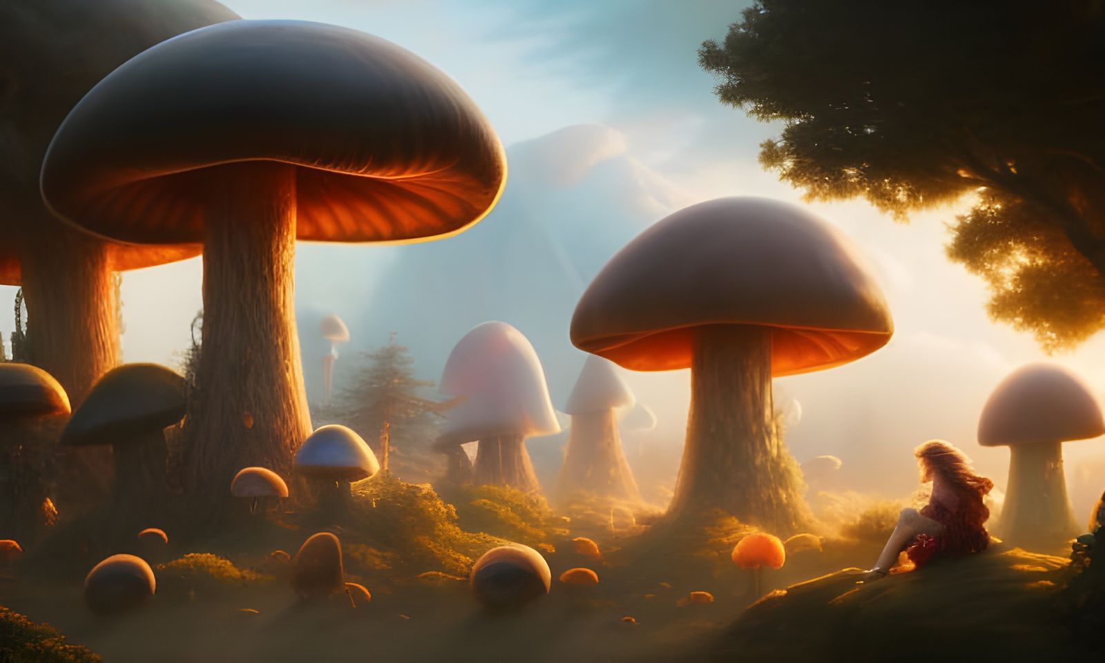 Misty Rococo Fantasy Landscape with Giant Mushrooms