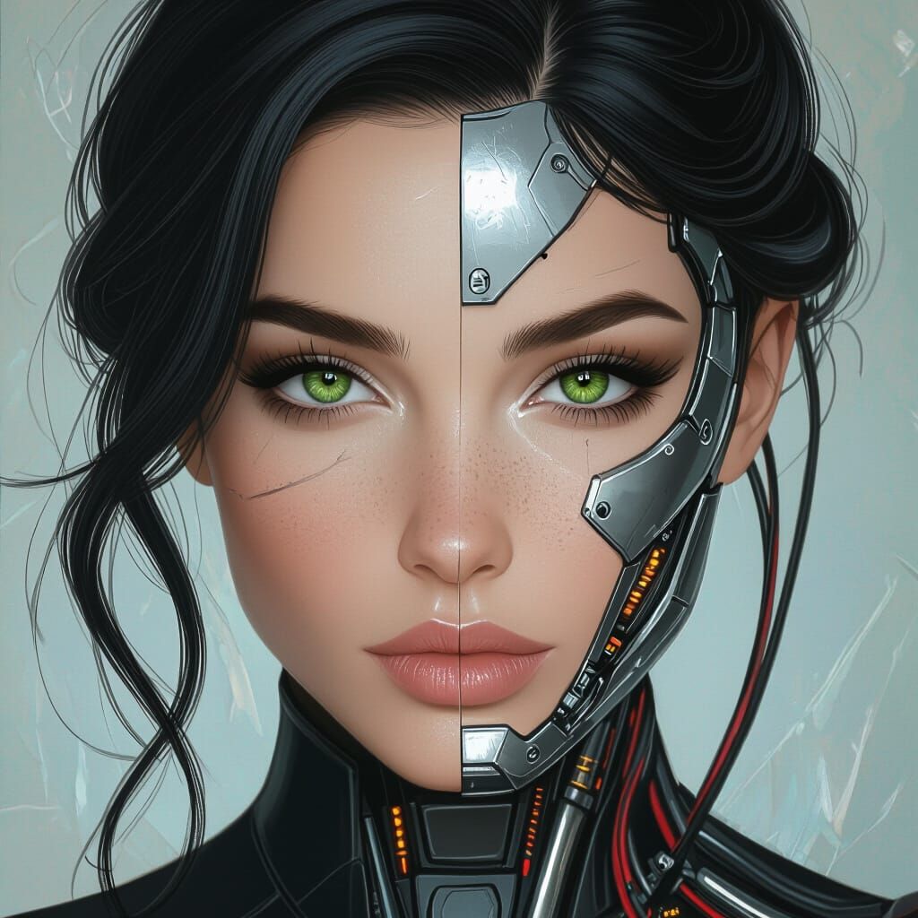 Photorealistic Woman: Half Natural, Half Cyborg