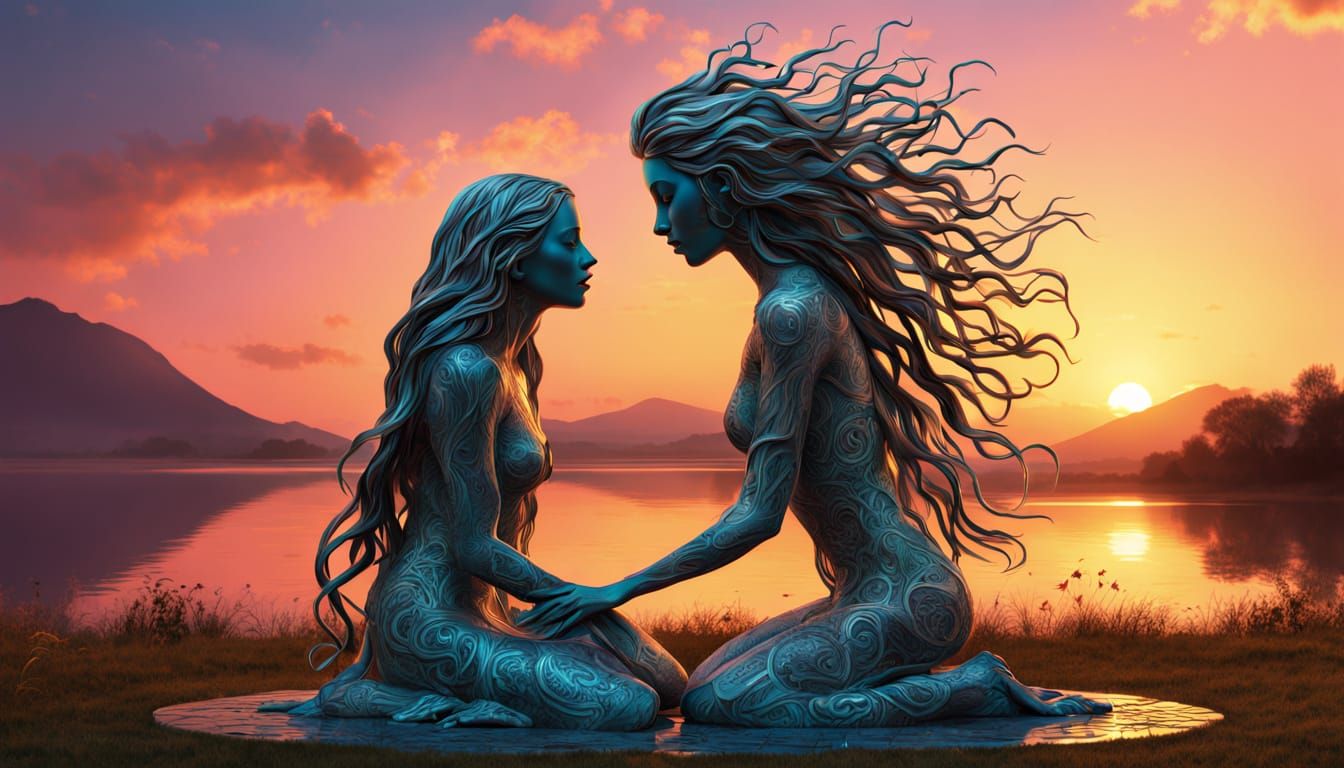 Surreal Fragmented Sculpture of Woman at Sunset