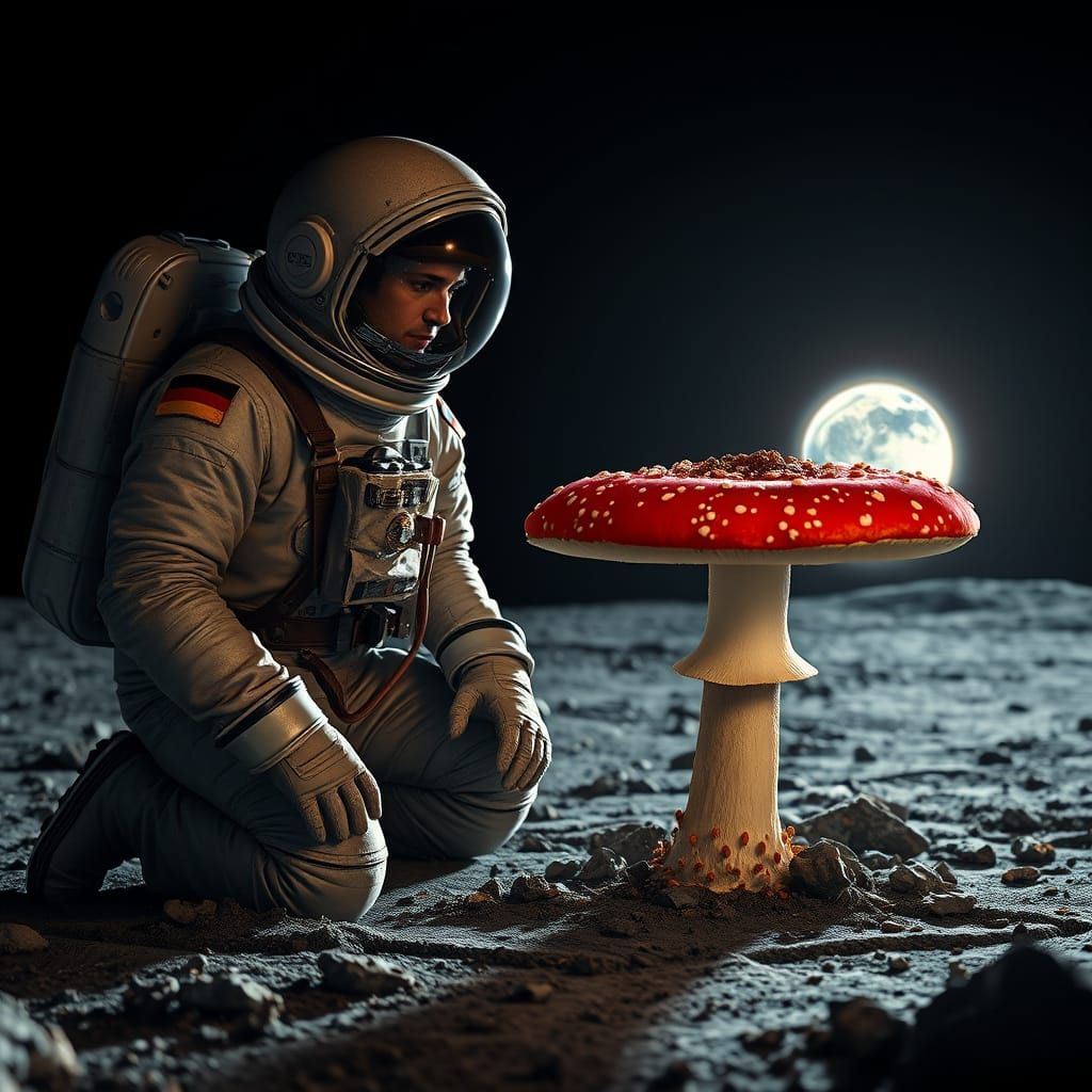 Astronaut and Fly Agaric on the Moon in Retro Sci-Fi Style