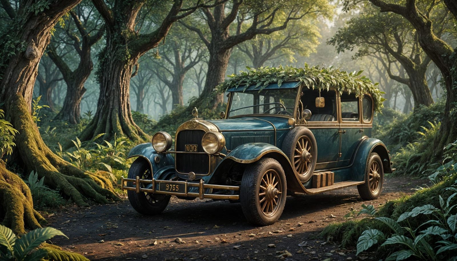 Antique Elven Car in Forest: Detailed Matte Painting