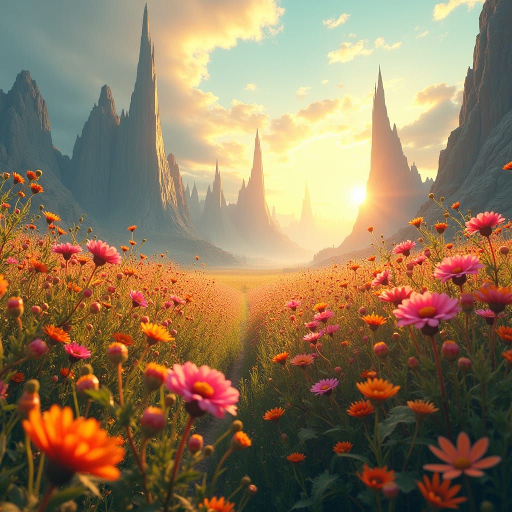 Lush Wildflower Field with Crystalline Spires