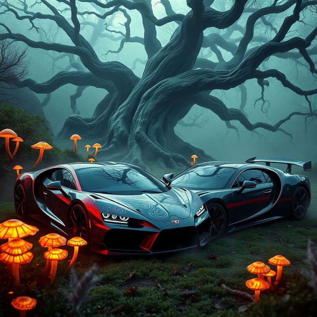 Luxury Cars in a Mystical, Dreamlike Environment