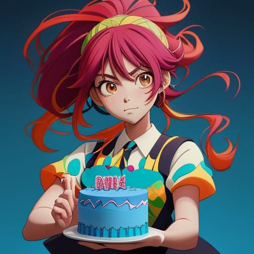 Beautiful Woman Holding Birthday Cake in Manga Style