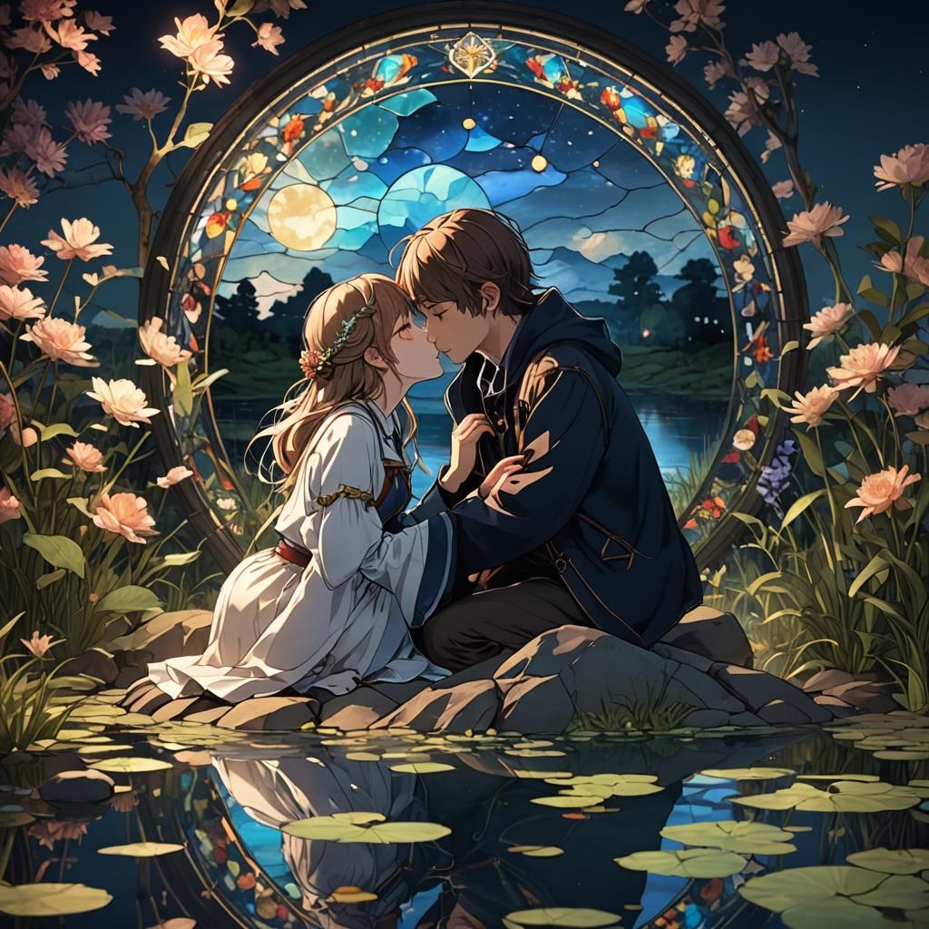 Stained Glass Lovers Kissing: 3D Anime Art