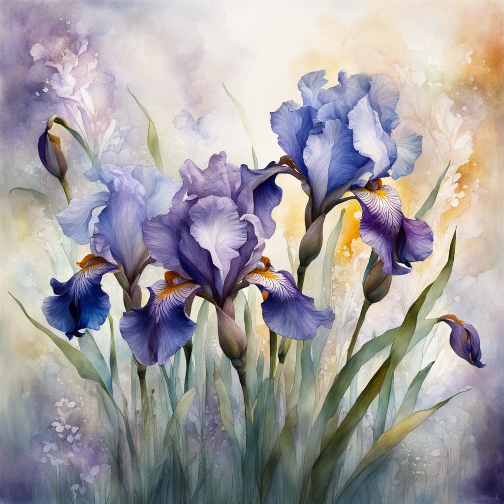 Dew-Kissed Irises in Ethereal Mixed Media Style