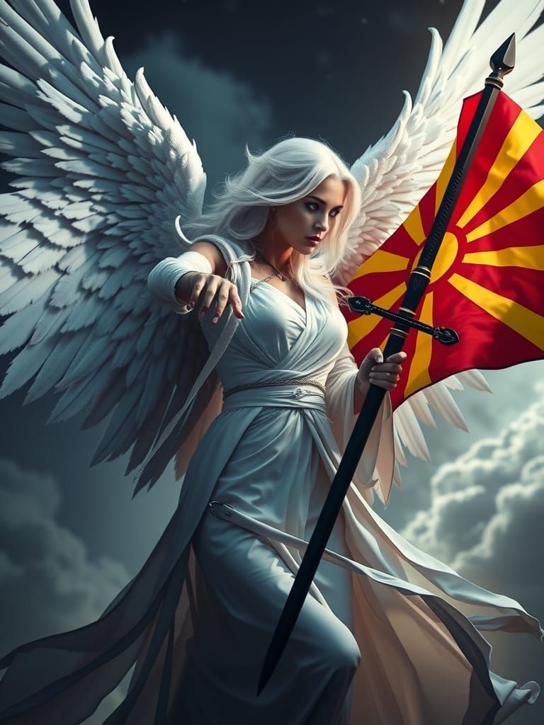 Menacing Angel Waving Macedonian Flag in HDR